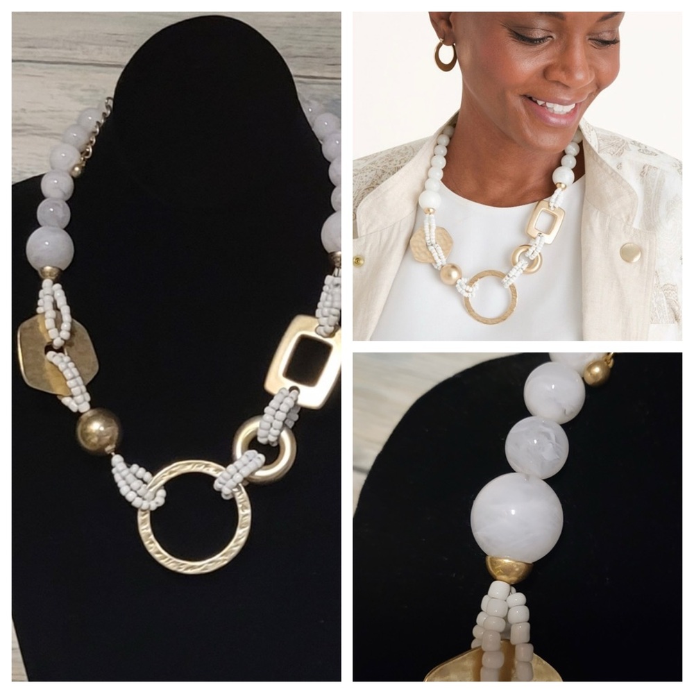 CHICO'S WHITE AND GOLD-TONE BIB NECKLACE